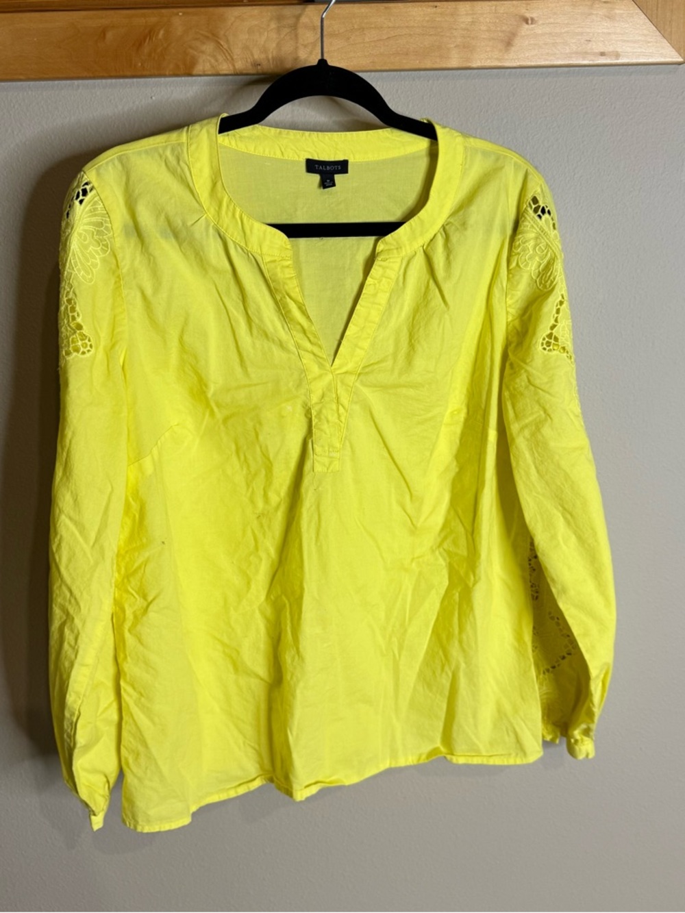 Talbots Neon Yellow Split-Neck Long Sleeve Blouse with Eyelet Detail